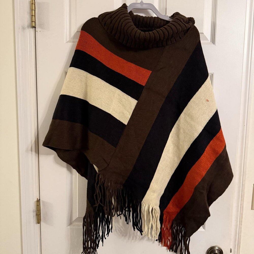 NWT Elegant Knitted Sweater TURTLE NECK Tassels Cloak Poncho Multi Brown